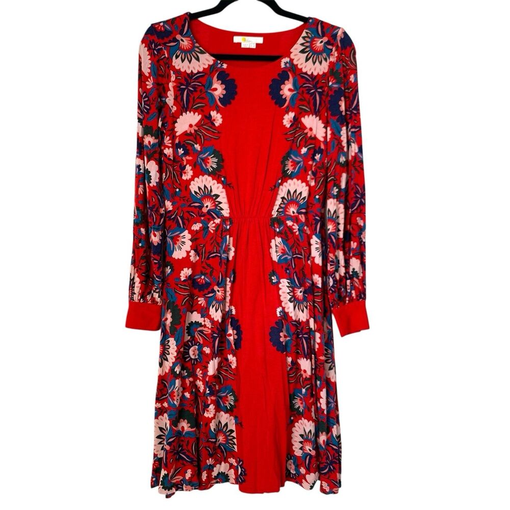 Boden‎ Zoe Dress Women 6 Red Floral Midi Stretch Jersey Boho Artsy Feminine Work